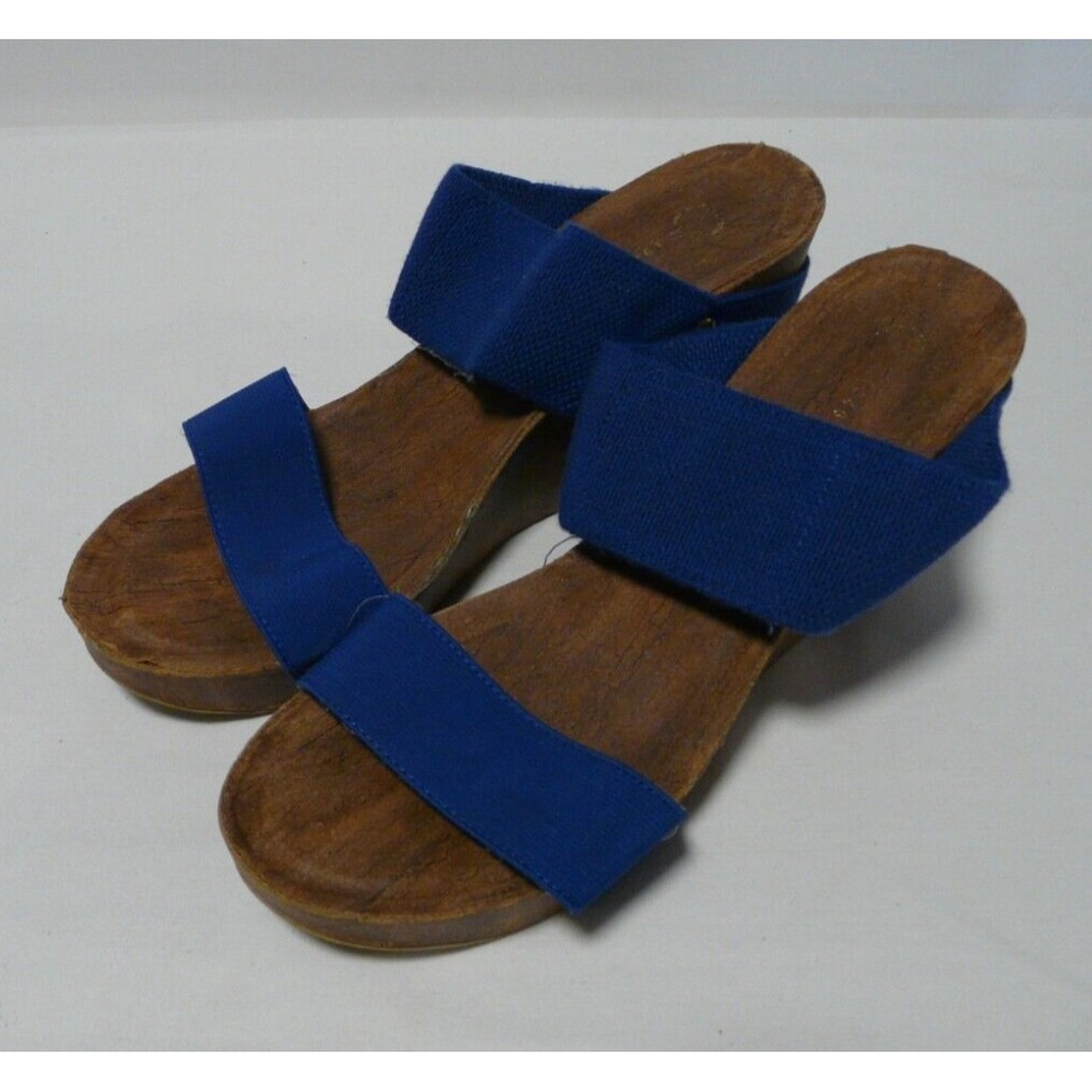 Cato Est 1946 Wedge Sandals Womens Size 9 M Blue Stretch 4" Heel Wood - Picture 3 of 8